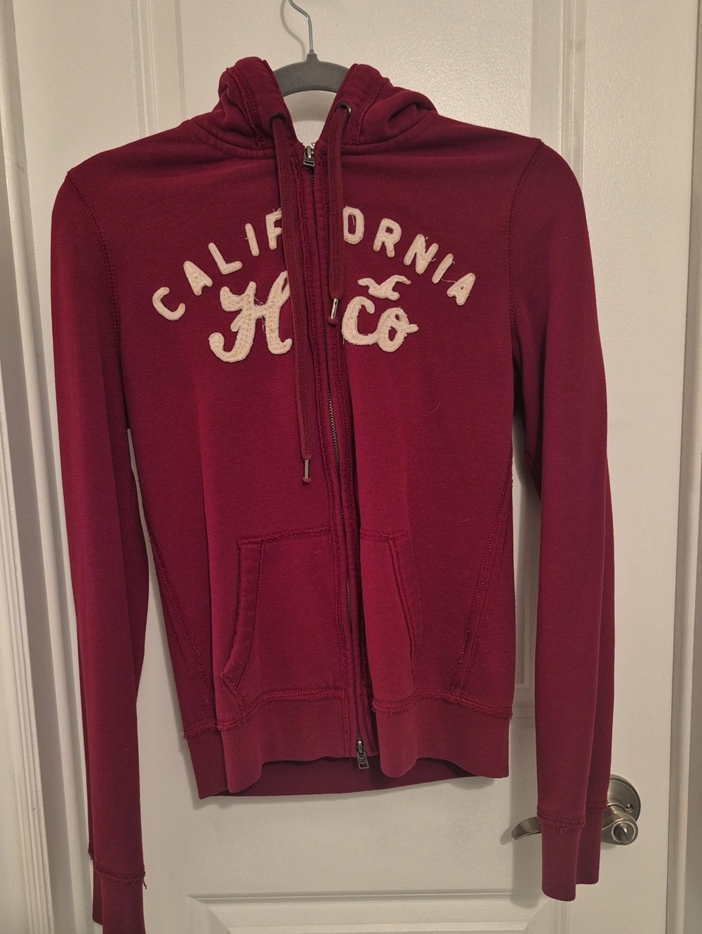 Hollister Burgundy Zip-Up Hoodie with Hood and Embroidered Logo